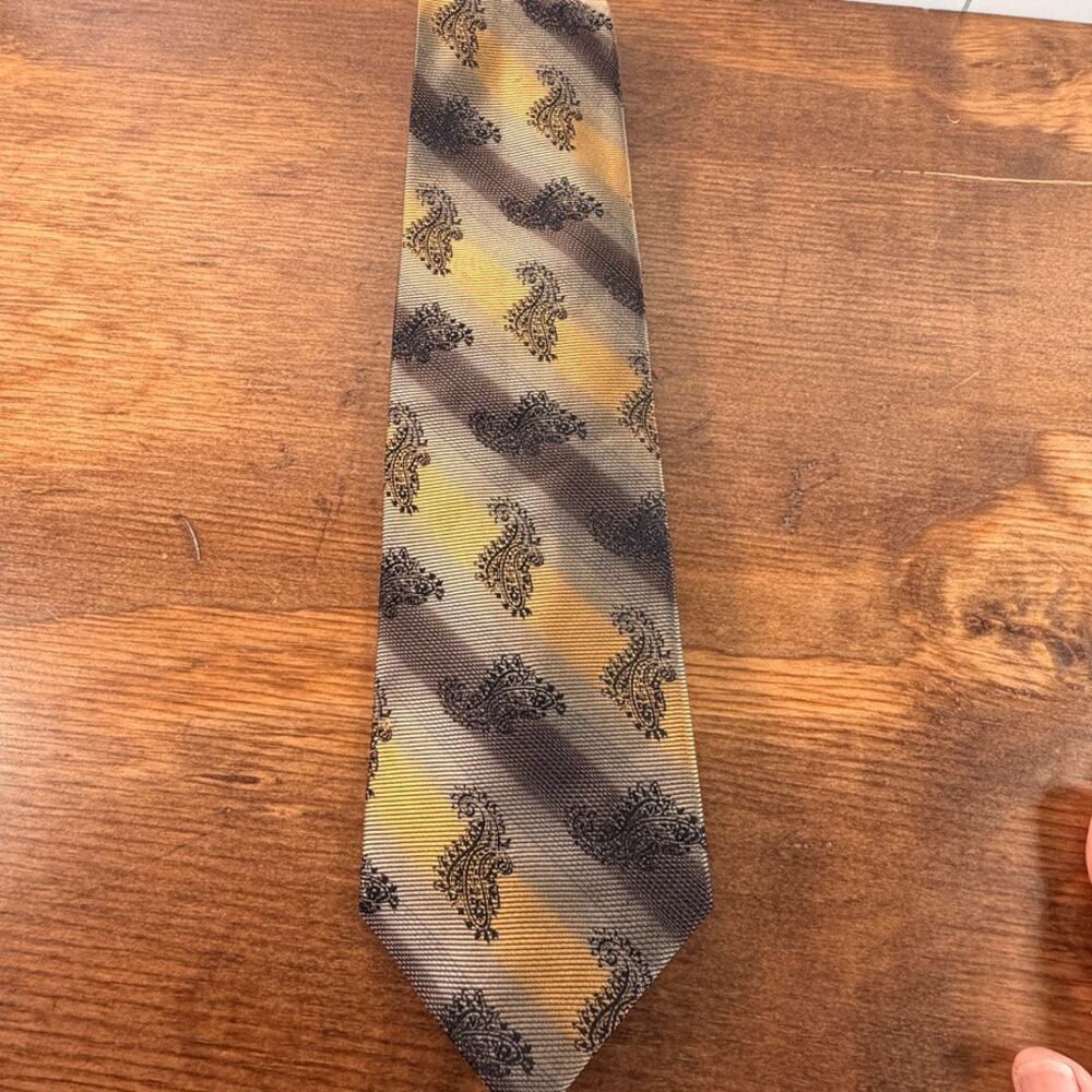 Vintage Studio Milano Handmade Gold Striped Paisley Silk Blend Necktie
